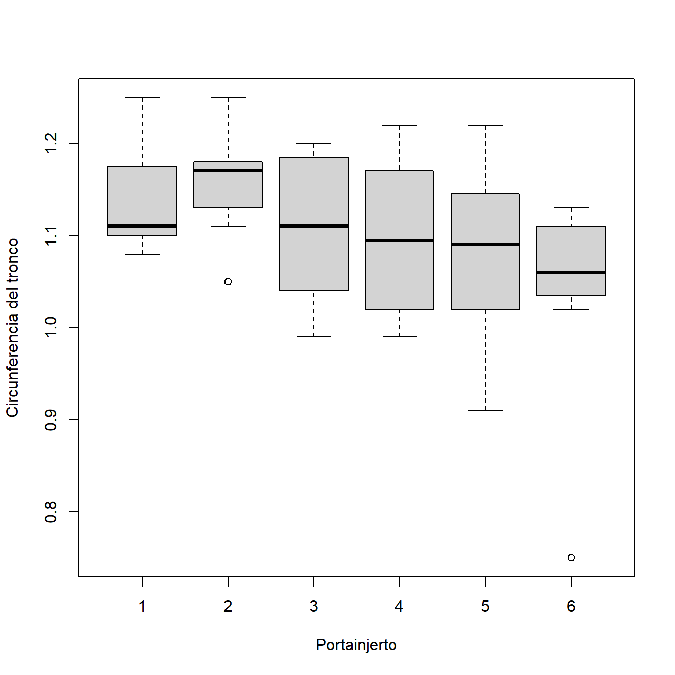 Boxplot para la circunferencia de tronco a los 4 años en cada tipo de portainjerto.